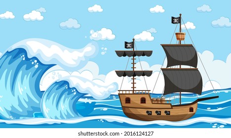 Ocean with Pirate ship at day time scene in cartoon style illustration