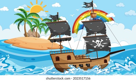 Ocean with Pirate ship at day time scene in cartoon style illustration