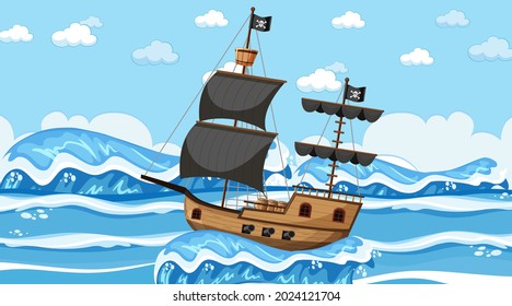 Ocean with Pirate ship at day time scene in cartoon style illustration