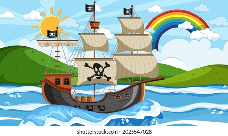 Ocean with Pirate ship at day time scene in cartoon style illustration
