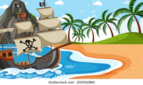 El océano con el barco pirata en la escena del día en una ilustración de estilo caricaturista