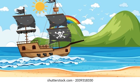 Ocean with Pirate ship at day time scene in cartoon style illustration