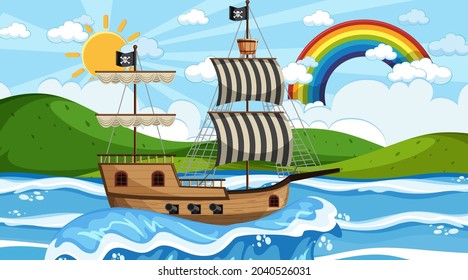 Ocean with Pirate ship at day time scene in cartoon style illustration