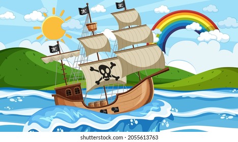 Ocean with Pirate ship at day time scene in cartoon style illustration