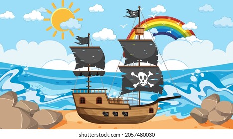 Ocean with Pirate ship at day time scene in cartoon style illustration