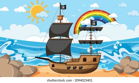 Ocean with Pirate ship at day time scene in cartoon style illustration