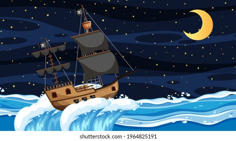 Ocean with Pirate ship at night scene in cartoon style illustration