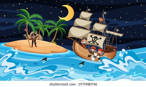 Ocean with Pirate ship at night scene in cartoon style illustration