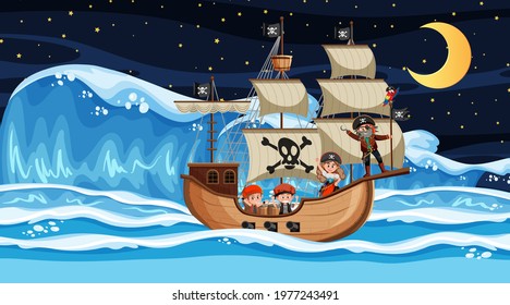 Ocean with Pirate ship at night scene in cartoon style illustration