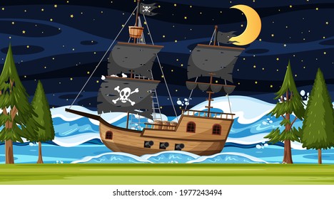 Ocean with Pirate ship at night scene in cartoon style illustration