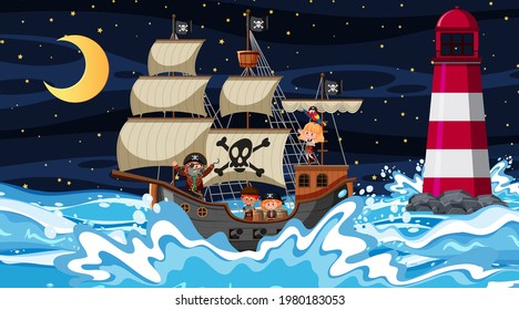 Ocean with Pirate ship at night scene in cartoon style illustration