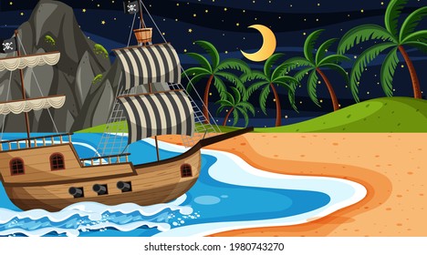 Ocean with Pirate ship at night scene in cartoon style illustration