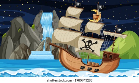 Ocean with Pirate ship at night scene in cartoon style illustration