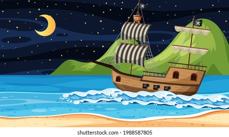 Ocean with Pirate ship at night scene in cartoon style illustration
