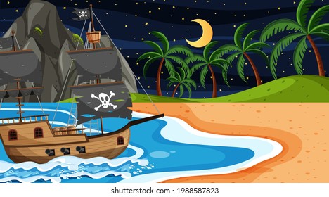 Ocean with Pirate ship at night scene in cartoon style illustration