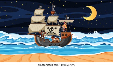 Ocean with Pirate ship at night scene in cartoon style illustration