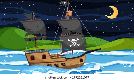 Ocean with Pirate ship at night scene in cartoon style illustration