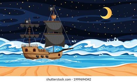 Ocean with Pirate ship at night scene in cartoon style illustration