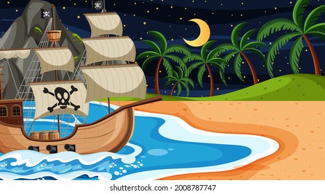 Ocean with Pirate ship at night scene in cartoon style illustration