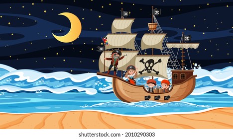 Ocean with Pirate ship at night scene in cartoon style illustration