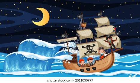 Ocean with Pirate ship at night scene in cartoon style illustration