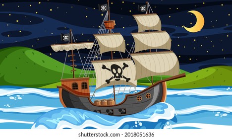 Ocean with Pirate ship at night scene in cartoon style illustration