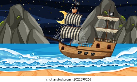 Ocean with Pirate ship at night scene in cartoon style illustration