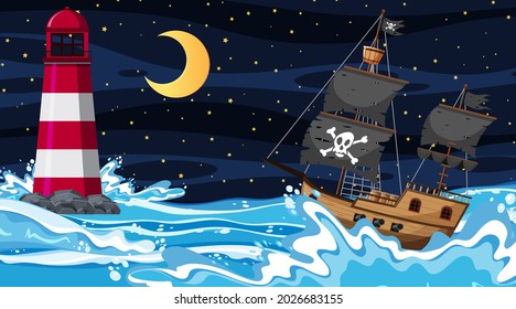 Ocean with Pirate ship at night scene in cartoon style illustration