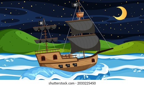 Ocean with Pirate ship at night scene in cartoon style illustration