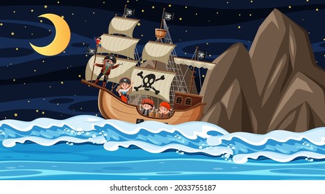 Ocean with Pirate ship at night scene in cartoon style illustration