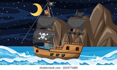 Ocean with Pirate ship at night scene in cartoon style illustration