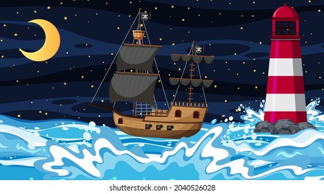 Ocean with Pirate ship at night scene in cartoon style illustration