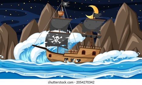 Ocean with Pirate ship at night scene in cartoon style illustration