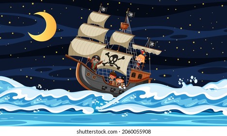 Ocean with Pirate ship at night scene in cartoon style illustration