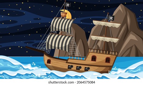 Ocean with Pirate ship at night scene in cartoon style illustration