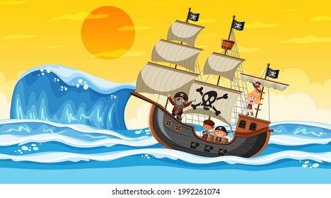 Ocean with Pirate ship at sunset scene in cartoon style illustration