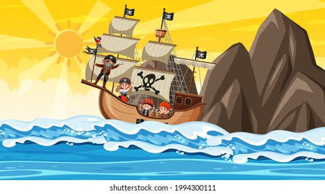 Ocean with Pirate ship at sunset scene in cartoon style illustration