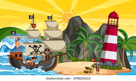 Ocean with Pirate ship at sunset scene in cartoon style illustration