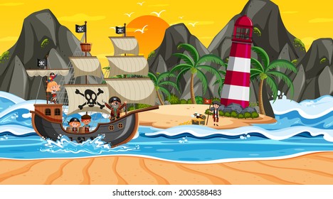 Ocean with Pirate ship at sunset scene in cartoon style illustration