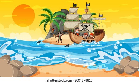 Ocean with Pirate ship at sunset scene in cartoon style illustration