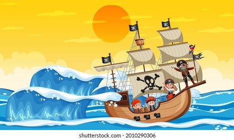 Ocean with Pirate ship at sunset scene in cartoon style illustration