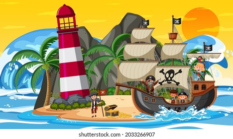 Ocean With Pirate Ship At Sunset Scene In Cartoon Style Illustration