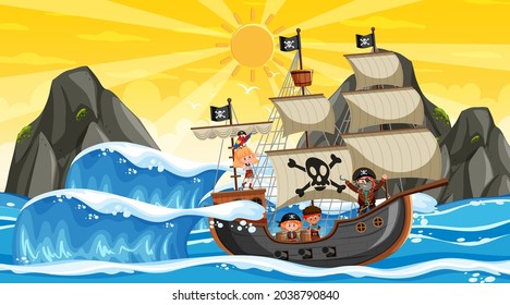 Ocean with Pirate ship at sunset scene in cartoon style illustration