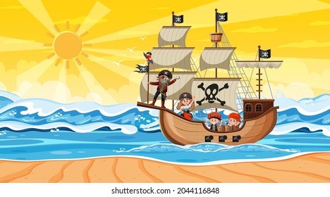 Ocean with Pirate ship at sunset scene in cartoon style illustration