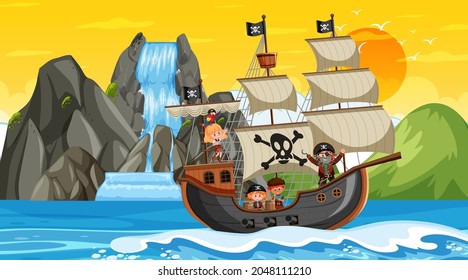 Ocean with Pirate ship at sunset scene in cartoon style illustration