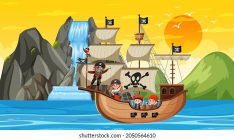 Ocean with Pirate ship at sunset scene in cartoon style illustration