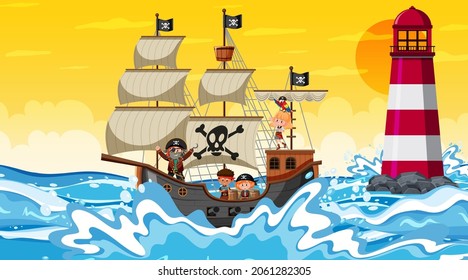 Ocean with Pirate ship at sunset scene in cartoon style illustration