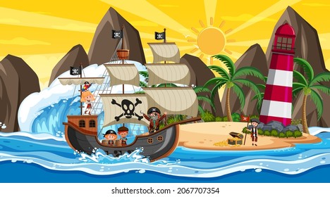 Ocean with Pirate ship at sunset scene in cartoon style illustration