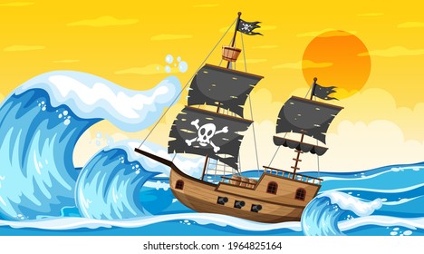 Ocean with Pirate ship at sunset time scene in cartoon style illustration
