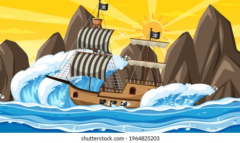 Ocean with Pirate ship at sunset time scene in cartoon style illustration